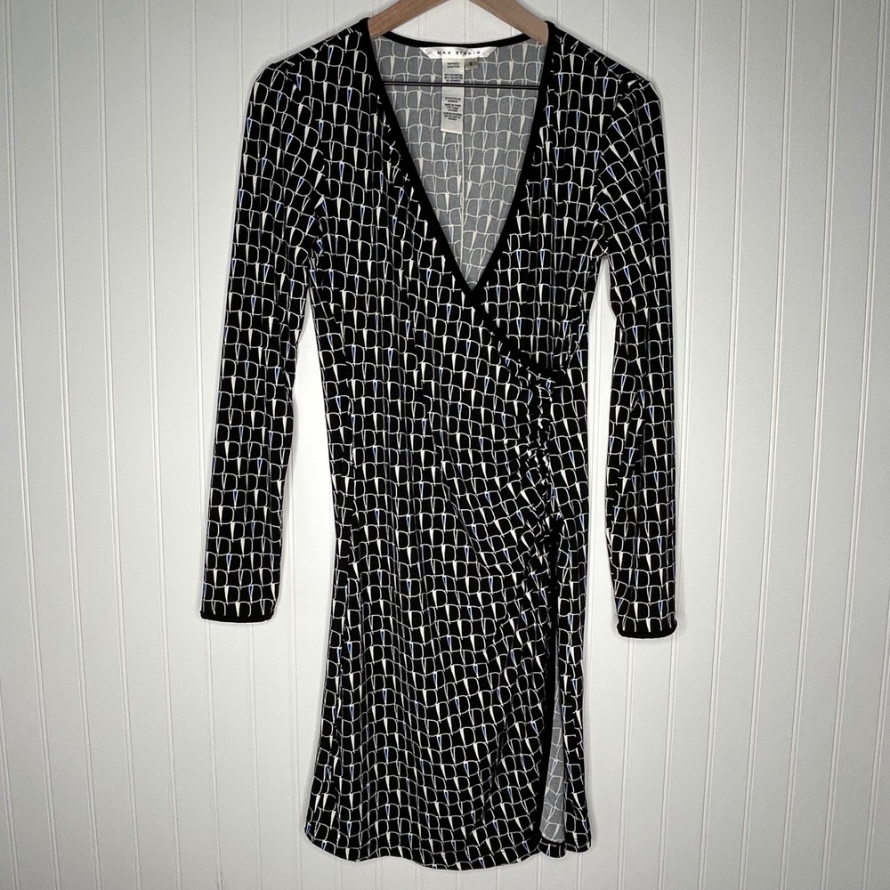 Max Studio Womens Dress S Black Blue Geometric Faux Wrap Ruched Stretch